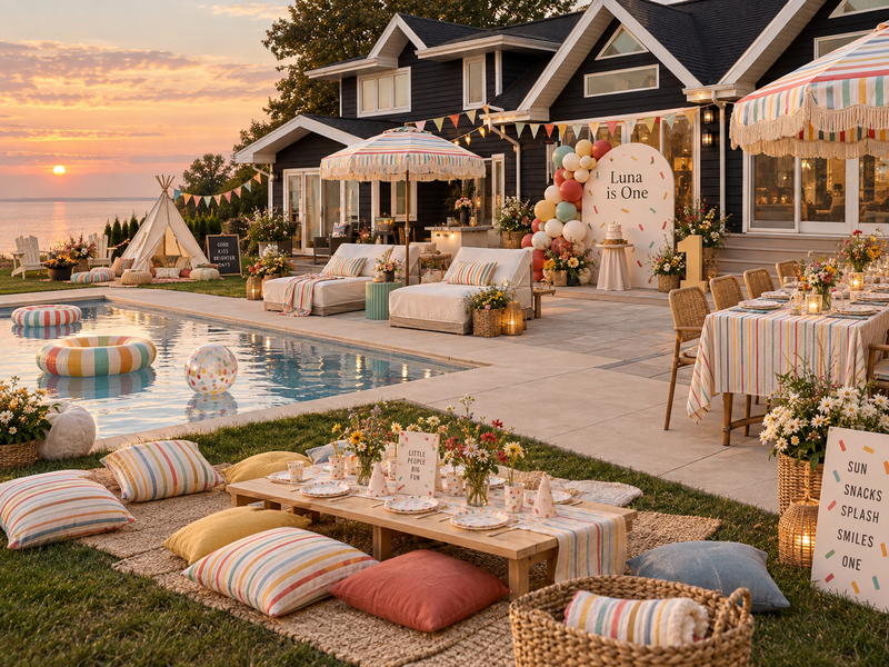 A cheerful garden celebration at sunset